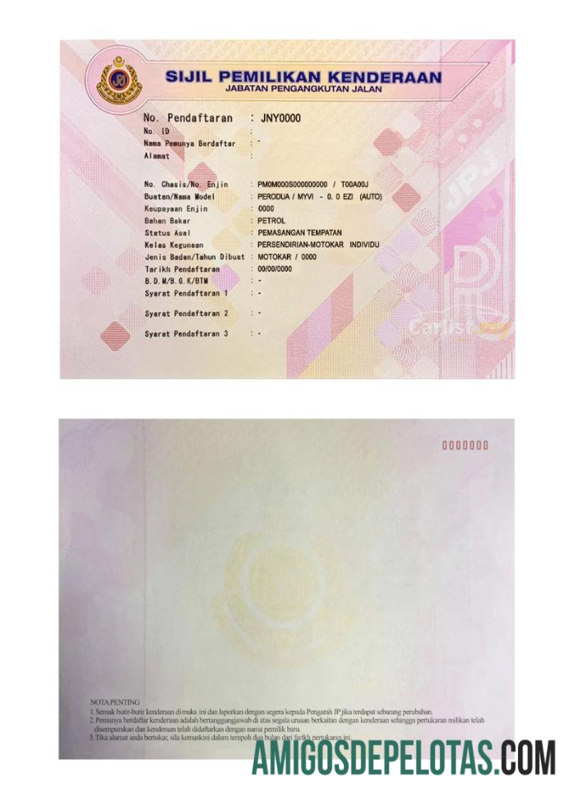 Certificado de propriedade de veículo JPJ da Malásia (VOC), cartão de registro de carro exemplo